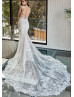 Beaded Ivory Lace Tulle Buttons Back Modern Wedding Dress